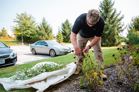 A landscape professional prunes plants in a commercial garden bed. He's preparing the grounds, with trimmed foliage on a tarp nearby and cars in the background.