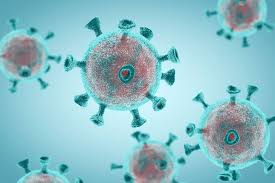 An illustration of multiple microscopic virus particles, likely COVID-19, shown in red and blue against a light blue background.
