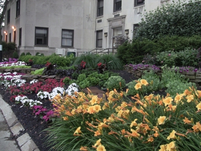 A vibrant, multi-level garden features colorful flowers and shrubs in front of a light-colored building.