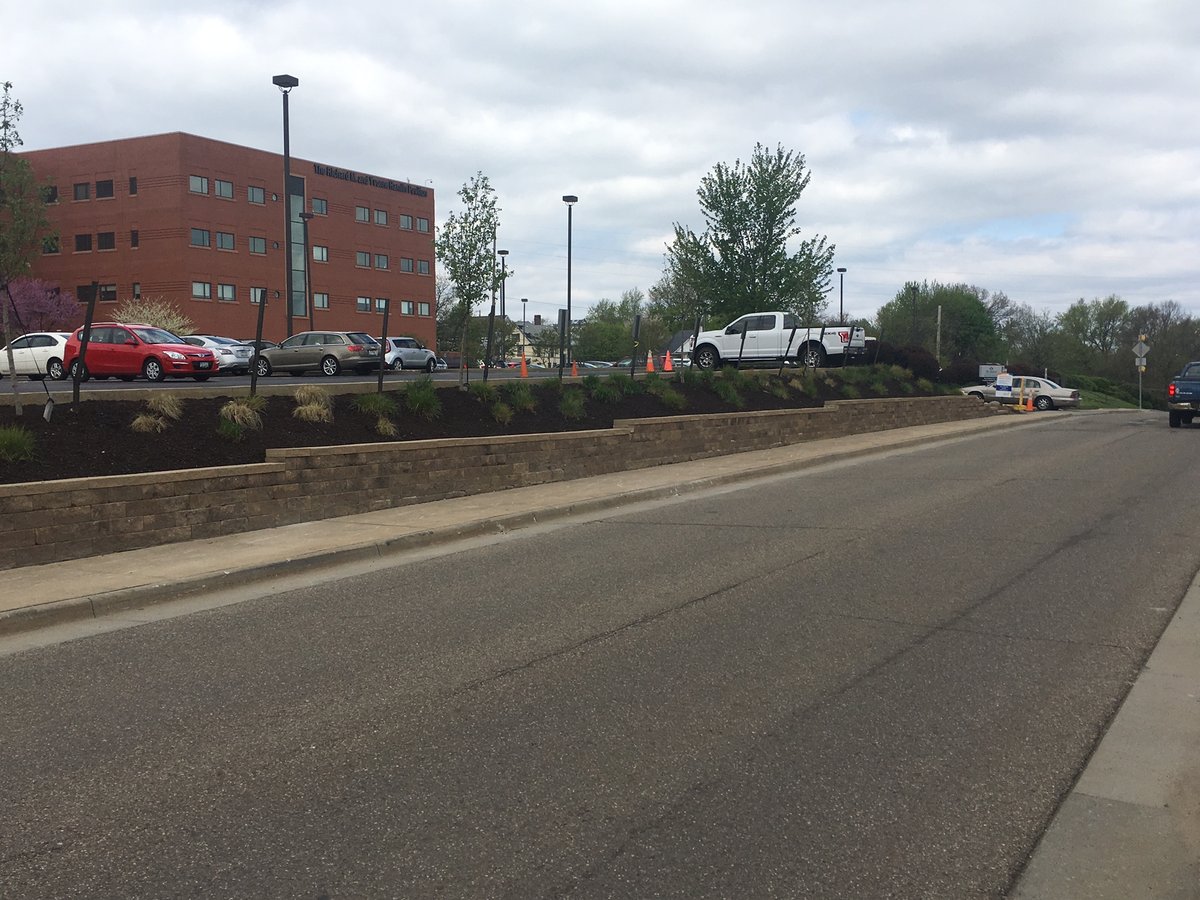 retaining wall installed with plantings at commercial property