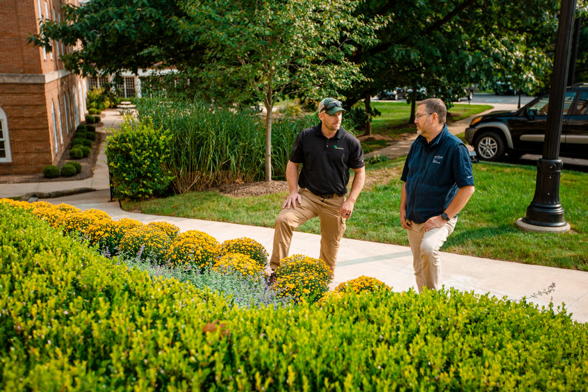 manager and client talking near landscape bed with mums