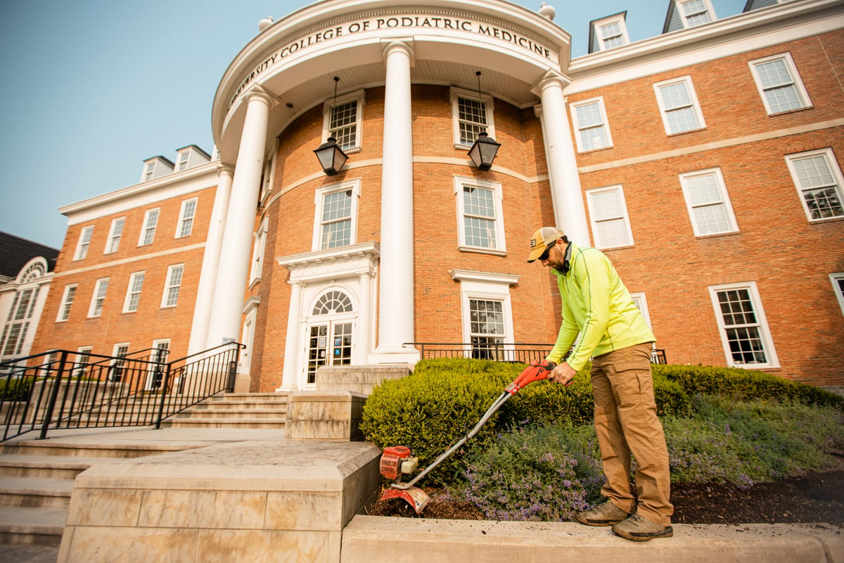 Maintenance crew edging a garden bed