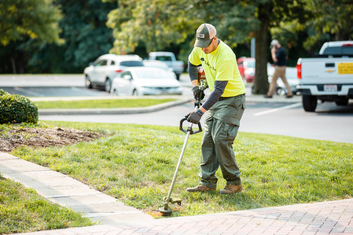 Commercial Landscaping Crew Maintenance trimming sidewalks