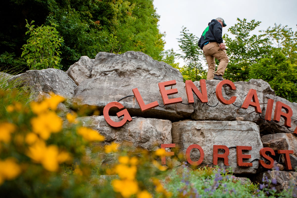 landscape crew prunes plantings near signage