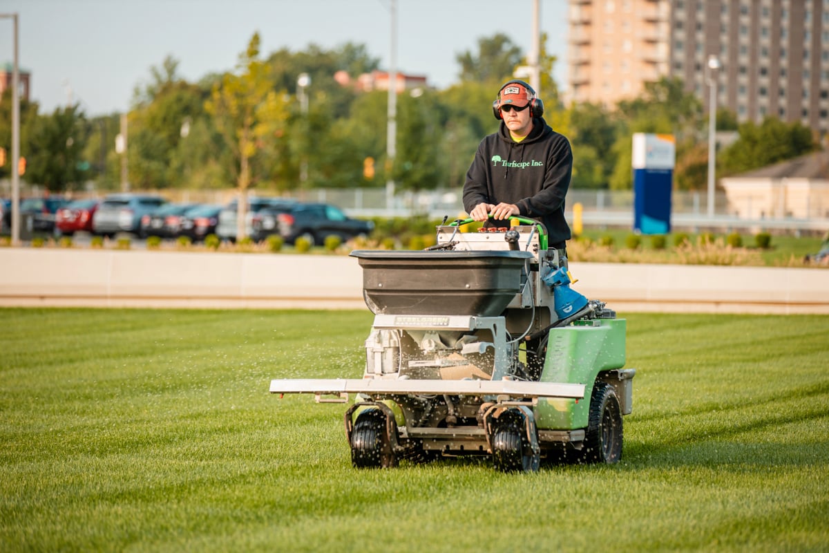 Commercial Landscaping Hospital Lawn Care Crew Technician Granular Fertilization 2