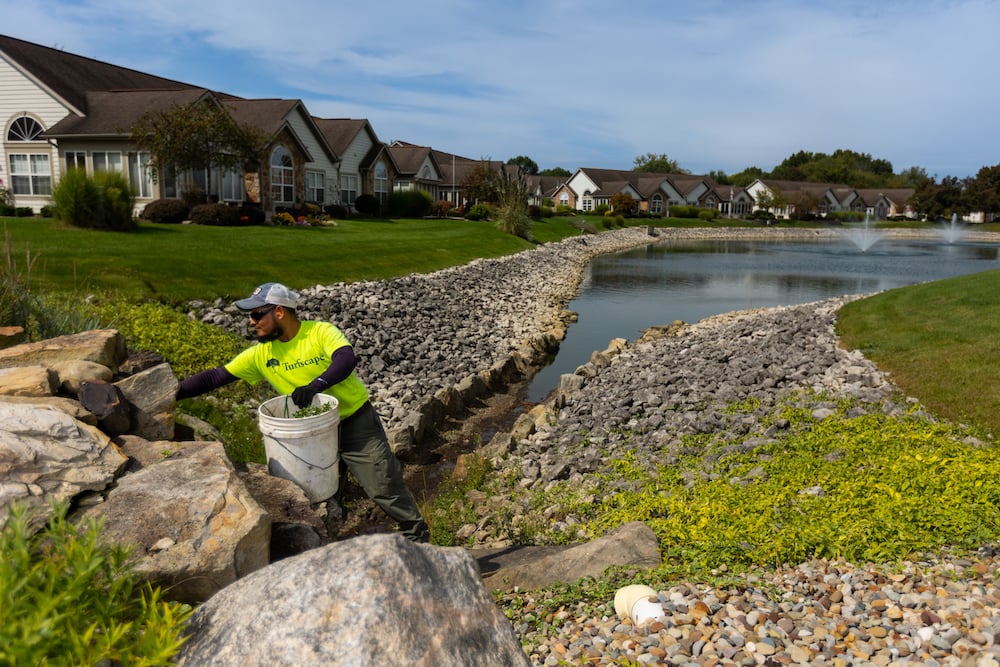 landscape crew weeds in rocks near detention pond