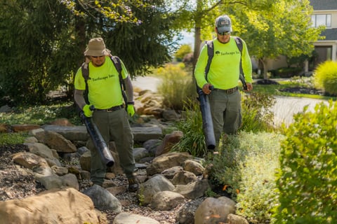 two weed blower cleaning rocks