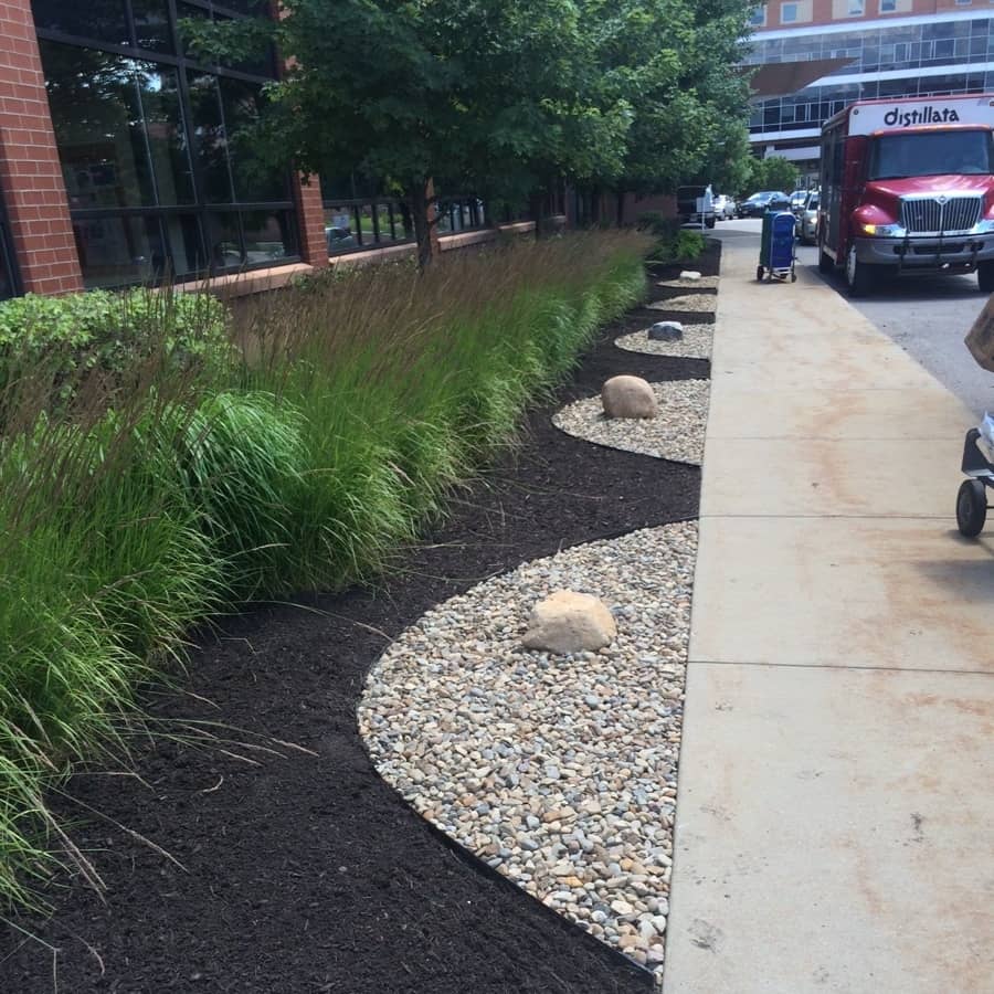 stone and mulch on commercial landscape