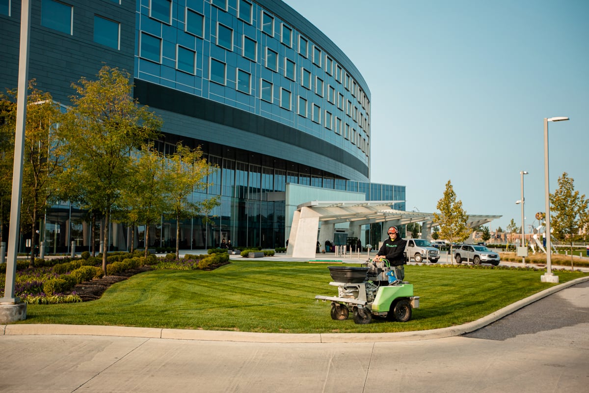 Commercial Landscaping Hospital Lawn Care Crew Technician Liquid Spraying Fertilization 6